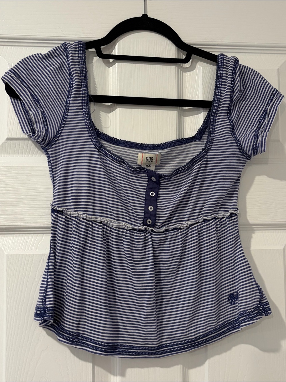 BDG Blue and White Striped Short Sleeve Scoop-Neck Top